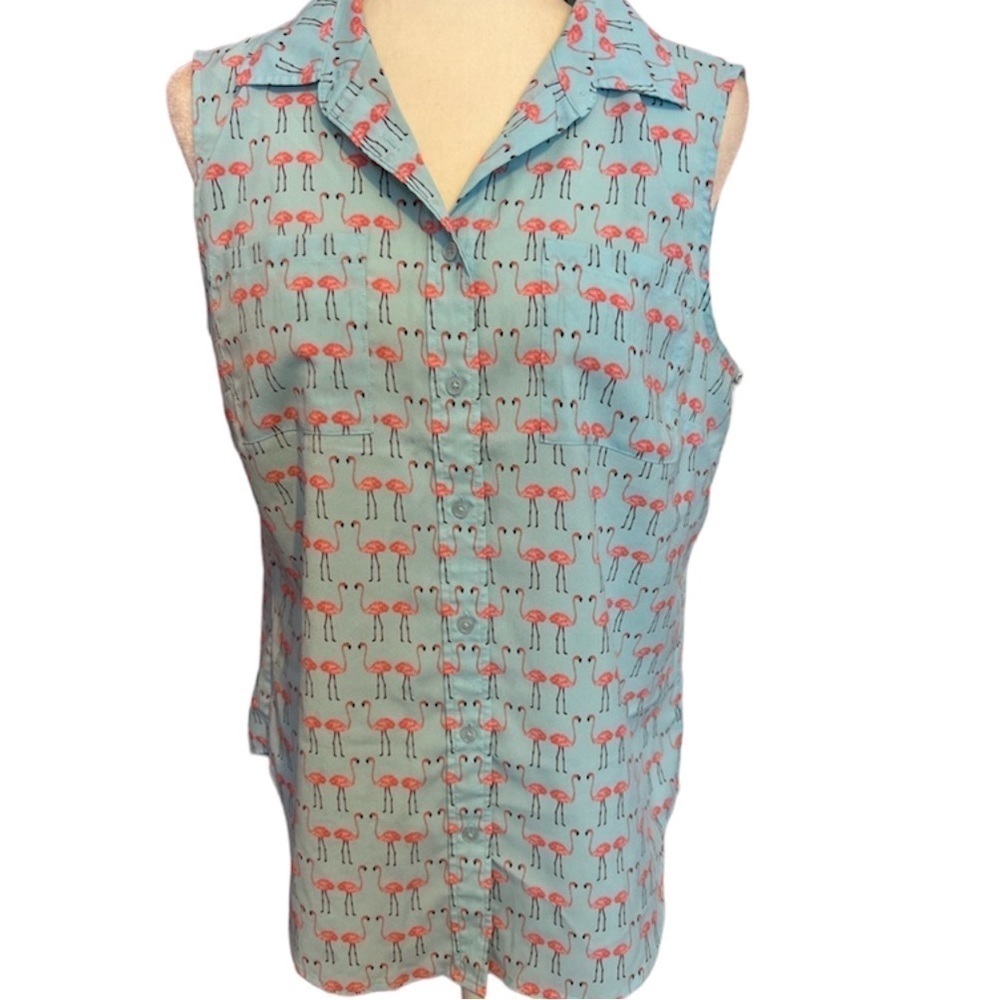 Blue Flamingo Print Button Shirt Polyester M